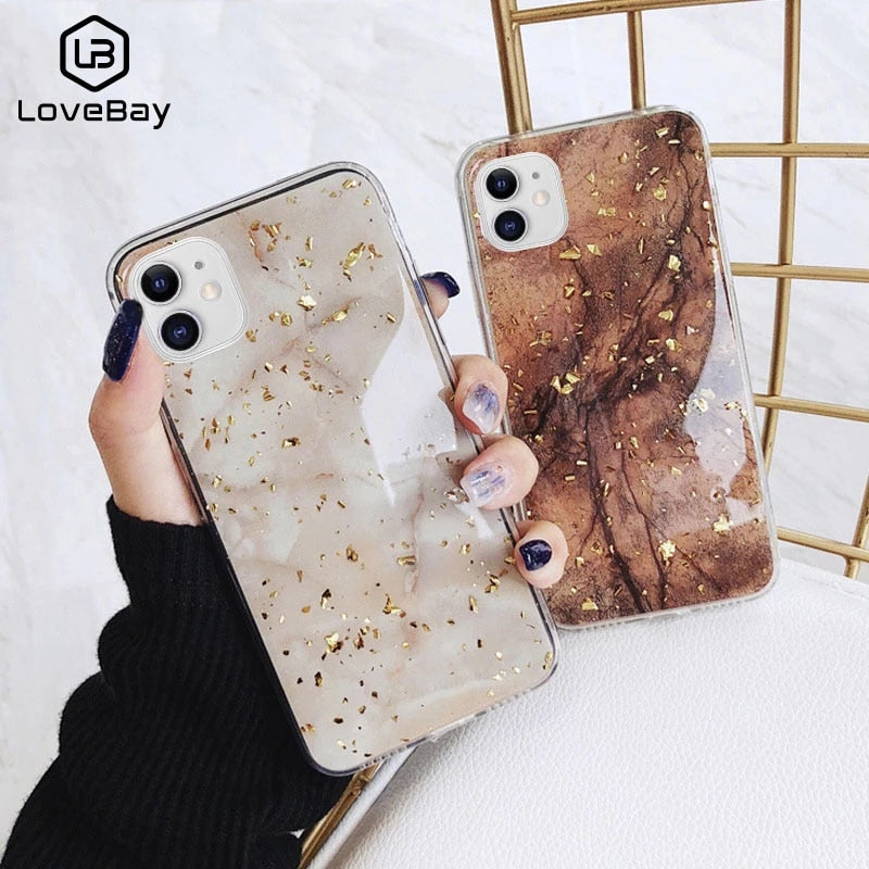 Lovebay Phone Case For iPhone Luxury Bling Gold Foil Marble Glitter