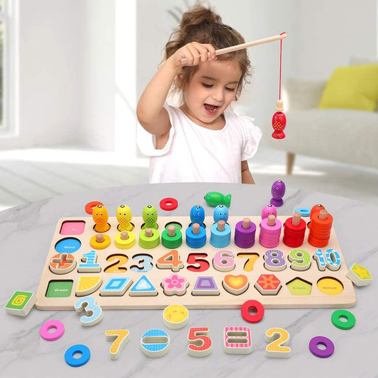 Montessori Educational Wooden Toys for Kids Board Math Fishing for 1 2 3 Years Old